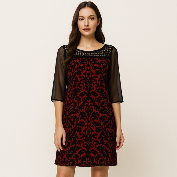 Vertigo Paris Red & Black Chiffon Baroque Shift Dress Sequined Yoke S - Picture 1 of 13
